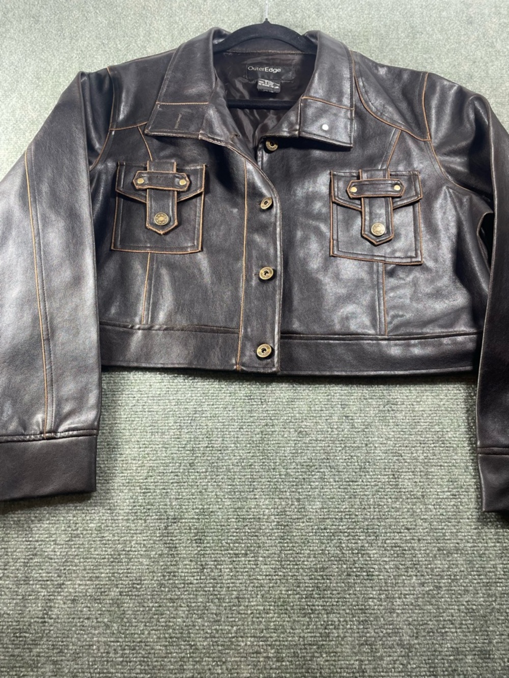 Outer Edge Women's Dark Brown Faux Leather Cropped Button Jacket